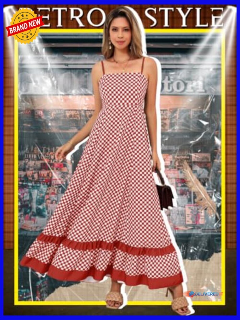 Checkered Maxi Dress Backless Ruffle A-Line Summer Beach Vacation - Picture 7 of 7